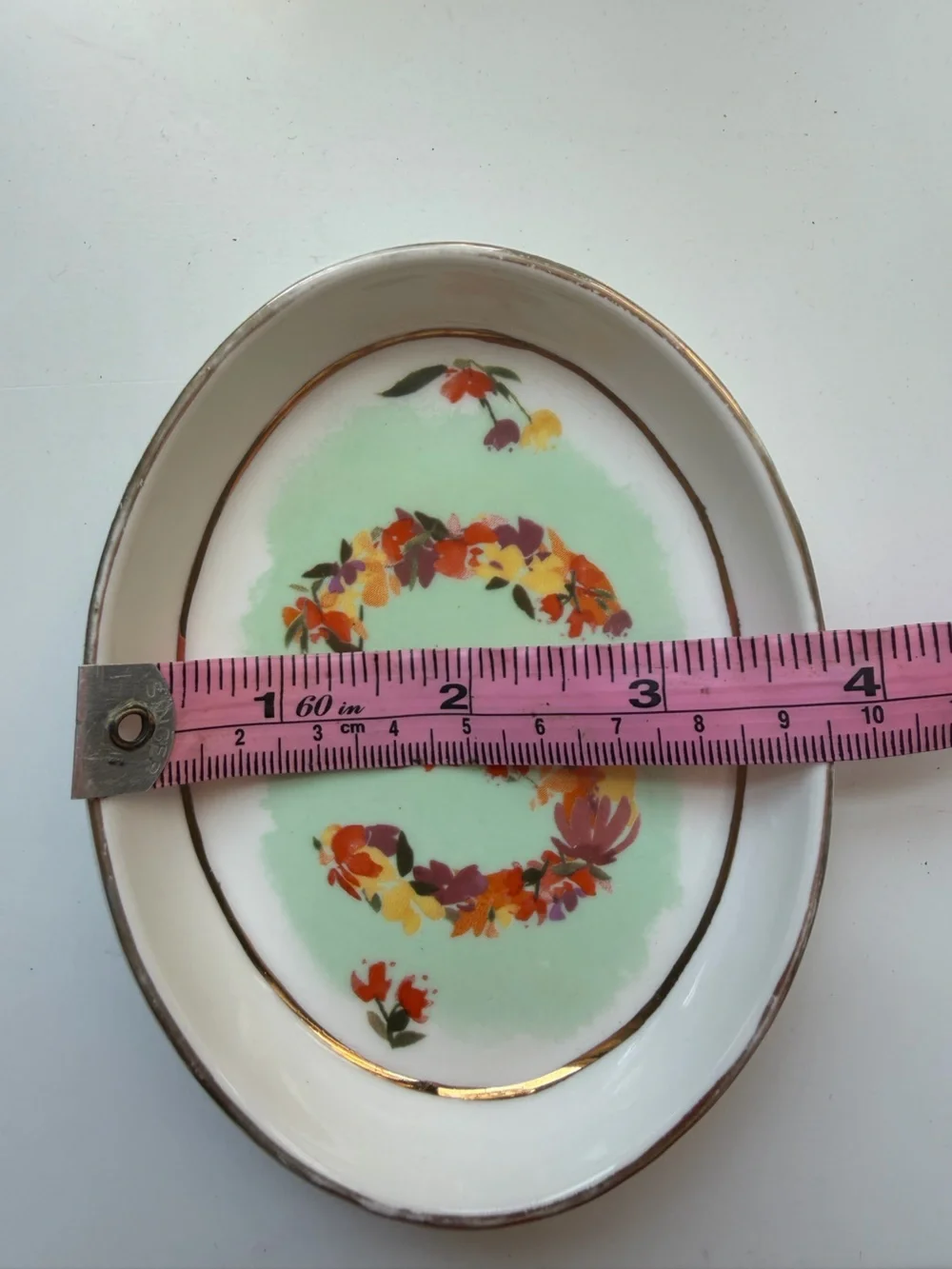 Anthropologie Kiana Mosley Floral Monogram Trinket Dish Letter S Gold Rim Rare